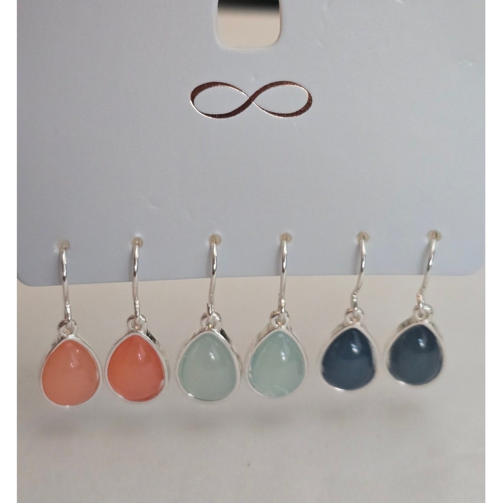 3 Pair Earring Set Teardrop Dangle Coral Green Navy Silver Tone